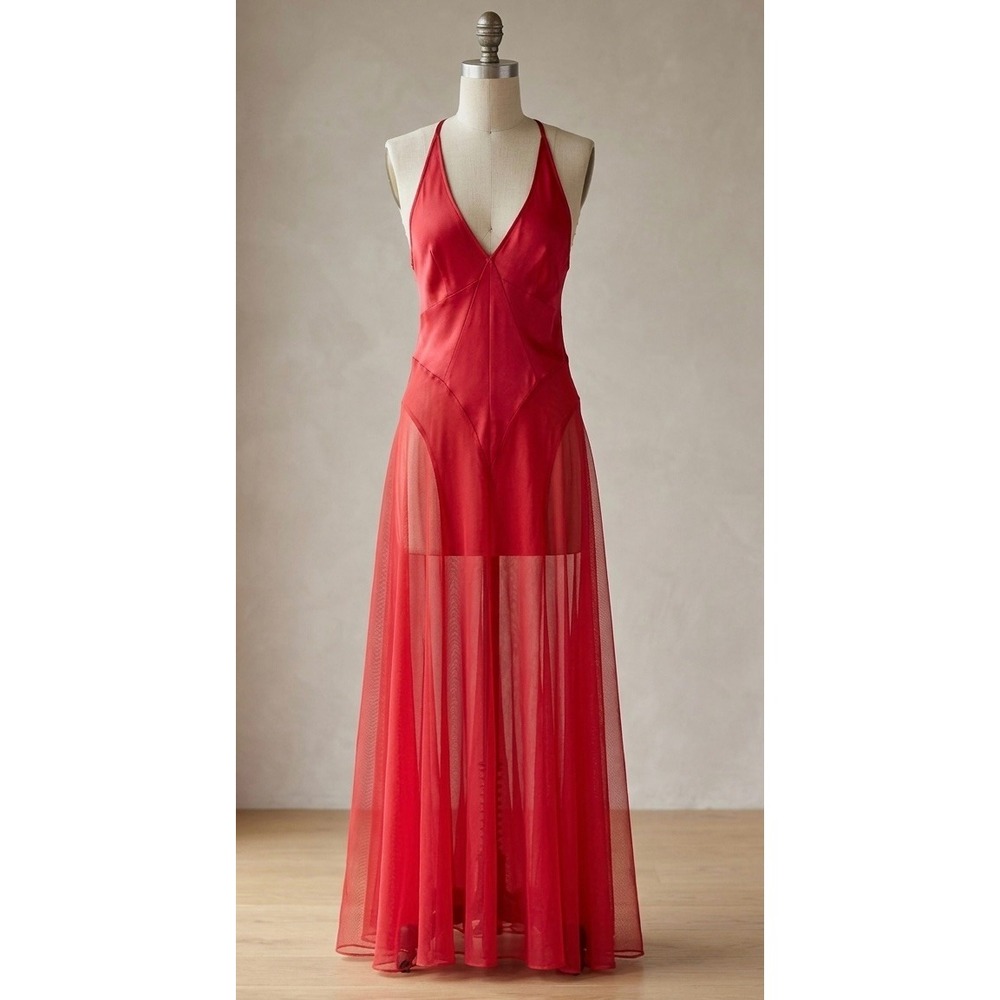 Vintage Victoria's Secret Silk Maxi Gown M Red Tulle Inset Sheer Racerback Dress